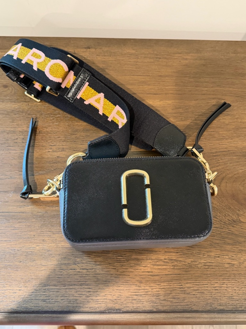Marc Jacobs Black Leather Snapshot Crossbody with Branded Strap